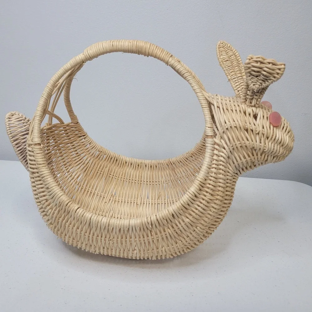 Vintage‎ Woven Wicker Bunny Rabbit Easter Basket Pink Button Eyes 13 Inch